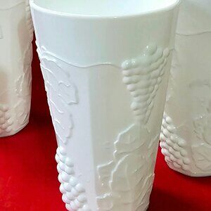 Vintage (2) White INDIANA Milk Glass Tumbler : Colony Harvest 3D Grapes, 12 oz